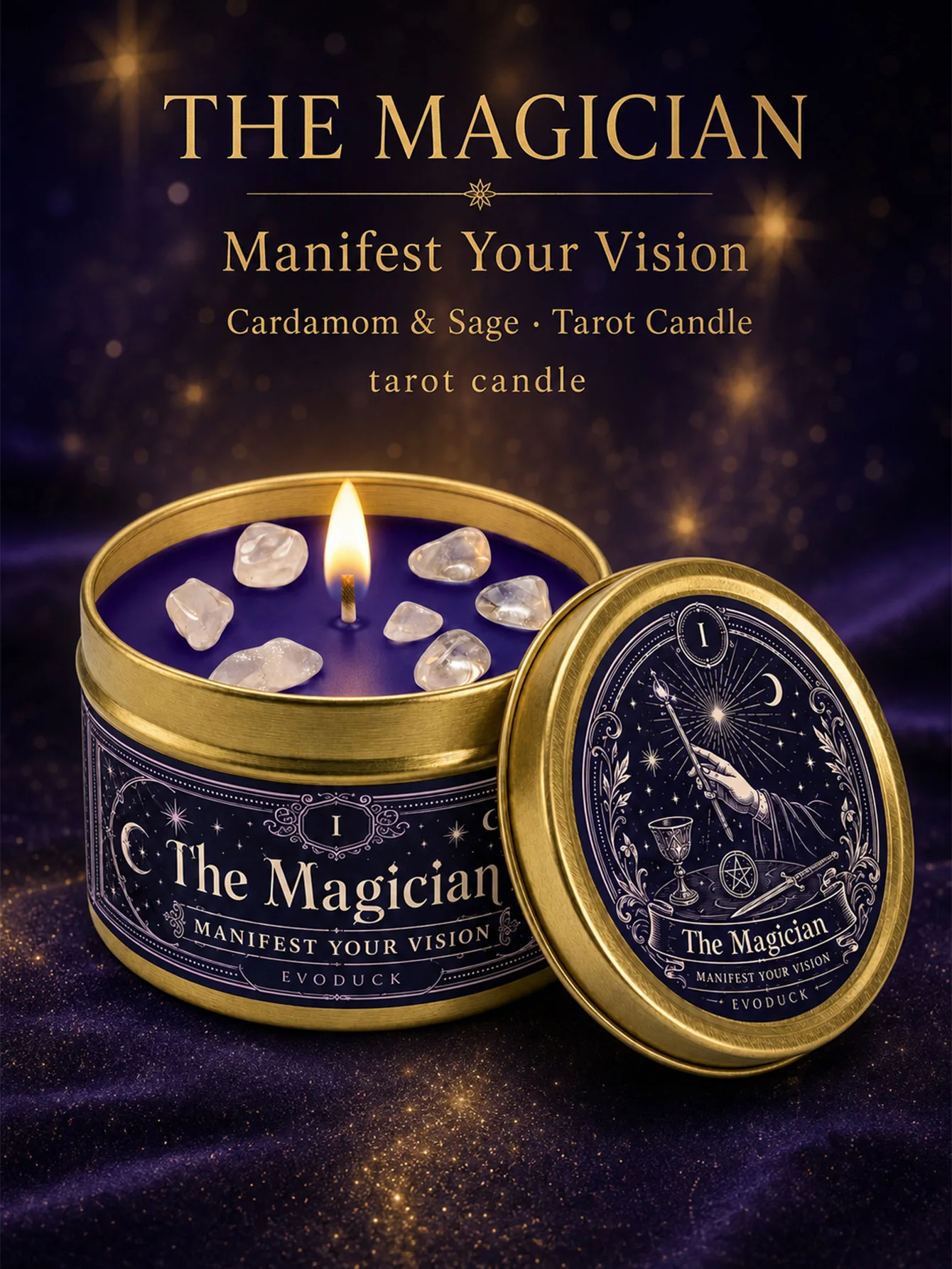 EVODUCK The Magician Tarot Candle, Cardamom & Sage Scented Candle with Clear Crystal Stones, Purple Wax Gold Tin, Manifest Your Vision Spiritual Ritual Candle for Meditation, Intention Setting, Witchy Decor, Graduation Birthday Gift for Women Men