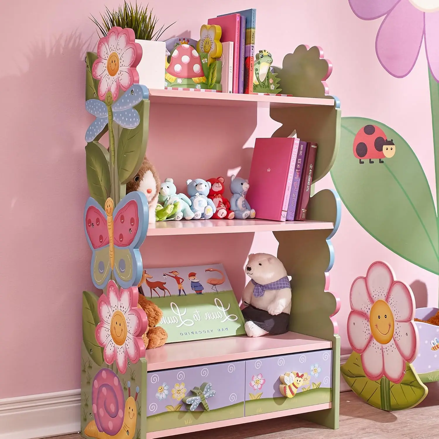 Magic Garden Multi-Tiered Wooden Children's Bookshelf and Storage Drawers, Multicolor