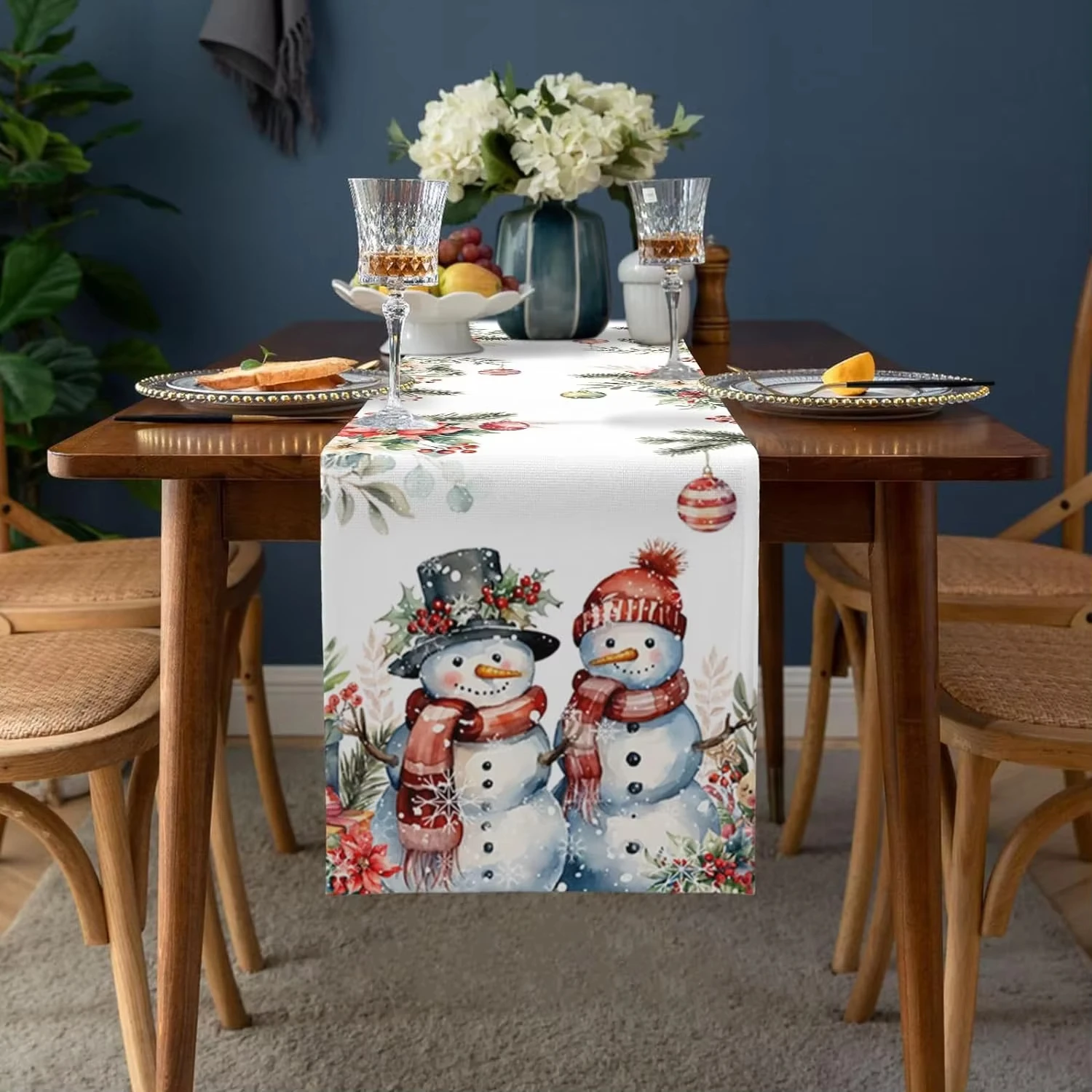 1pc Christmas Snowman Pinecone Holly Berry Linen Tablecloth, Winter Xmas Kitchen Dining Table Cover, Festive Holiday Decor