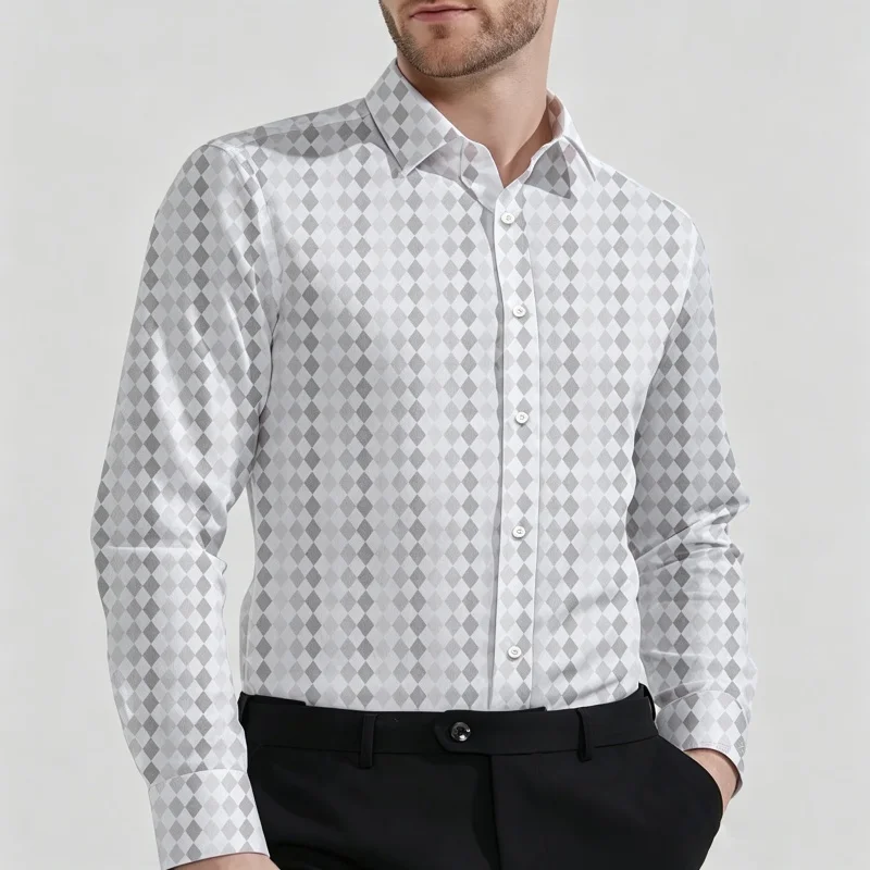 Men's Fashion Diamond Print Long Sleeve Button Down Shirt  Casual Slim Fit Geometric Pattern Dress Shirts  Elegant Business Tops