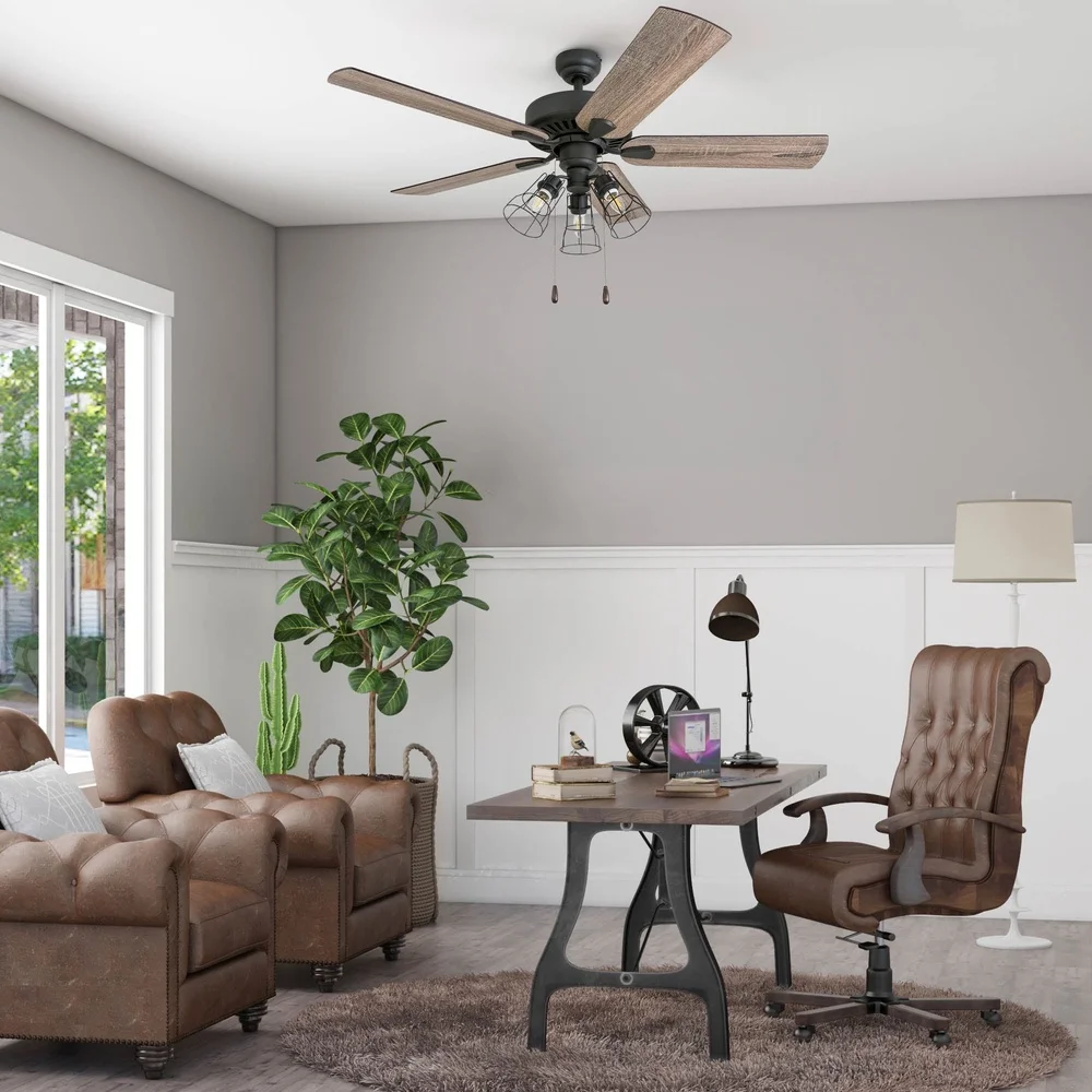 مروحة سقف برونزية مقاس 52 بوصة مع 5 شفرات طقم إضاءة LED محرك هادئ قابل للعكس لتدفق الهواء وغرف متوسطة موفرة للطاقة