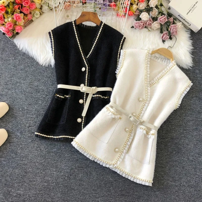 Vintage Woolen Sweater Vest Jacket Women Spring Elegant V-Neck Sleeveless Waistcoats Korean Casual Bead With Belt Chic Outerwear