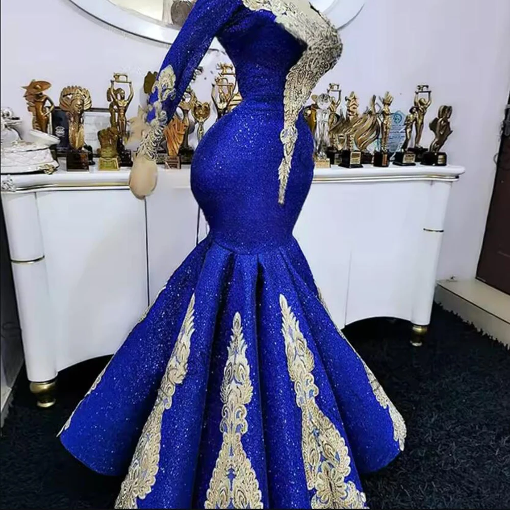 African Aso Ebi Royal Mermaid Prom Dresses With Sequins Lace Appliques Long Formal Evening Party Gown Court Train Robe De Soiree