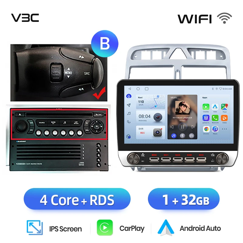 Junsun 10.1 "Draadloze Carplay AndroidAuto Autoradio voor Peugeot 307CC 307SW 2002-2013 radio met knoppen Bluetooth GPS 4G DSP