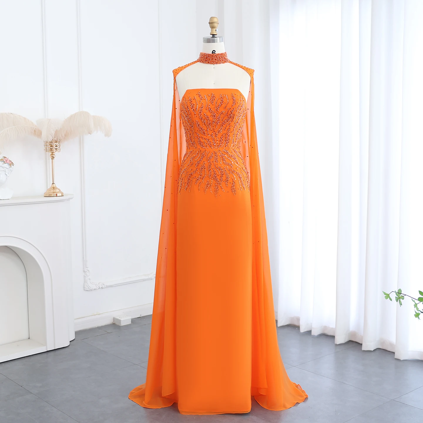 

Sharon Said Elegant Orange Chiffon Evening Dress with Cape Sleeves Women for Wedding Dubai Formal Party Gowns SS299 Customized