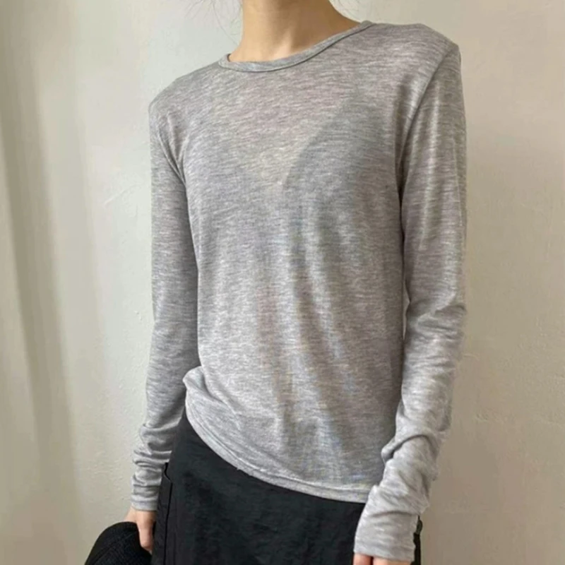 Plain T Shirt Women Elastic Basic T-Shirts Female Casual O-Neck Tops Autumn Long Sleeve Sexy Thin See Through Tee Shirt Femme