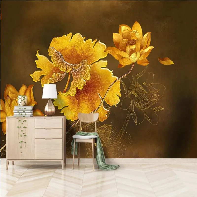 

Flowers Blooming Rich Golden Lotus Mural Wallpaper Luxury Hotel Living Room Bedroom Background Decor Wall Painting Wall Paper 3D