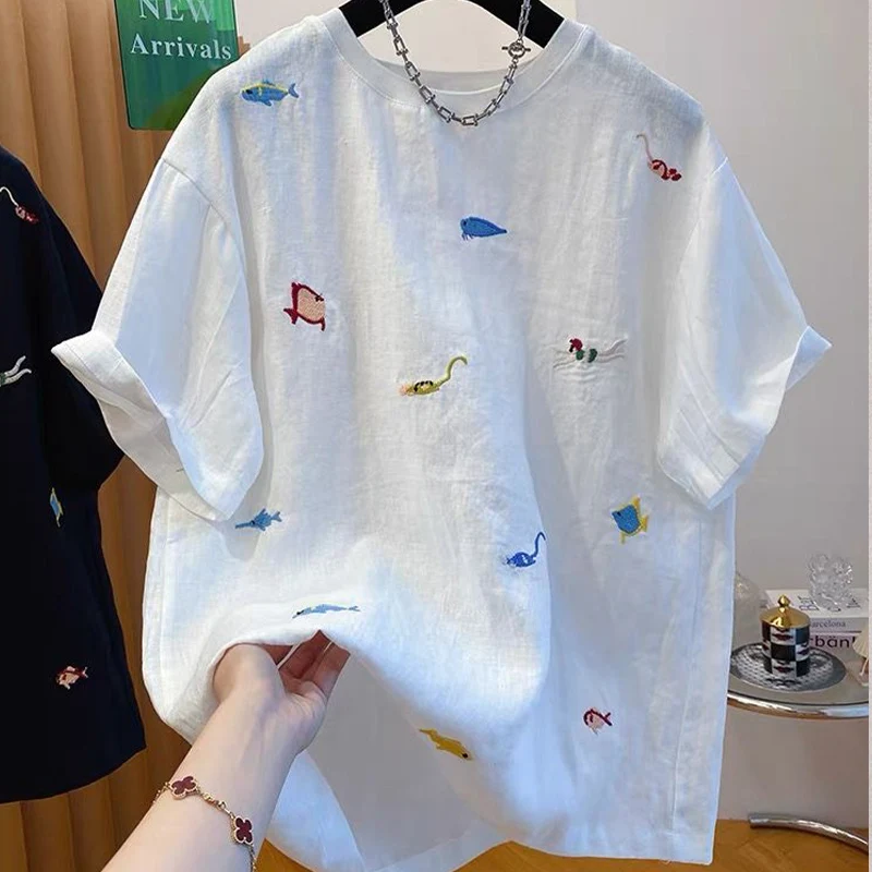 

High-end Pure Cotton Short Sleeved Embroidery T-shirt for Women Summer New Loose Slimming Sweet Chic Top Fashion Women Clothing