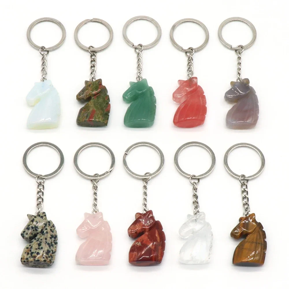 5PCS Natural Stone Horse Head Shaped Crystal Agate Pendant Keychain Backpack Wallet Keychain Decoration Exquisite Gift