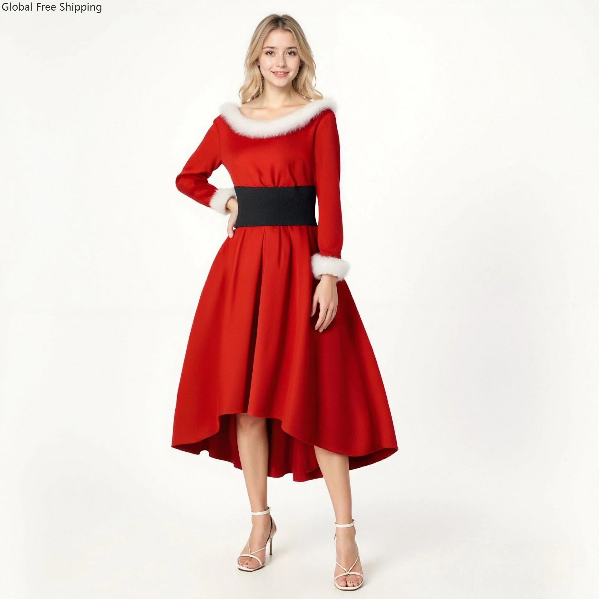 

Christmas New Year Party Cosplay Costume Women Santa Claus Theme Raw Edge Red Waist Slim Gorgeous Dress Family Party Clothing
