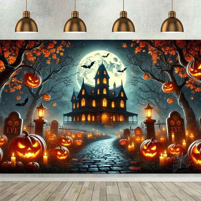 Halloween Spukhaus Kürbis Hintergrund Gruseliges Mondlicht Szene Wandbehang Home Office Outdoor und Party Dekoration Wandteppich