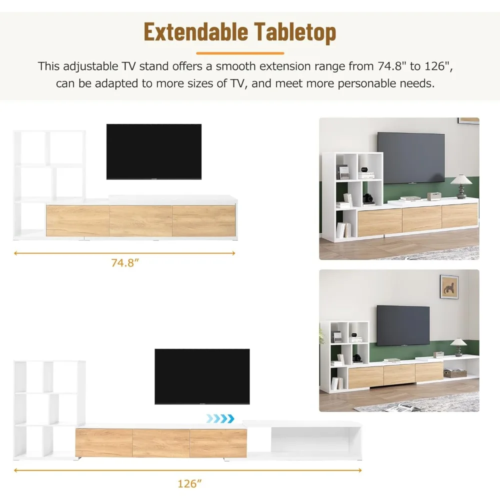 Extendable TV Stand for Televisions up to 110'', Adjustable Entertainment Center with Storage Cabinets and 3 Tier Bookshelves