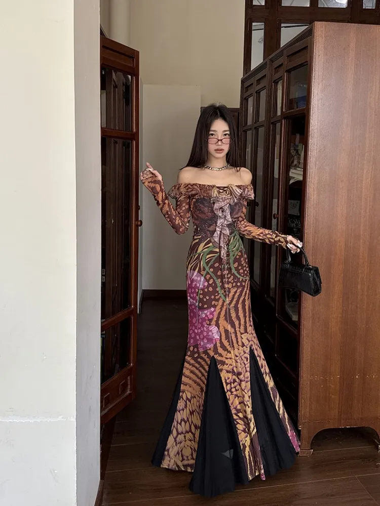 فستان ريترو صيني جديد مطبوع بدون أكتاف مع تصميم الربيع والخريف للنساء، فستان طويل مصمم وفريد من نوعه على شكل ذيل السمكة #5