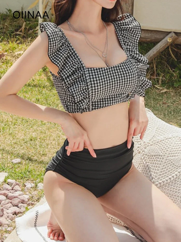 

OIINAA Ruffled Bathing Suit Women Houndstooth Split Swimsuit Backless Low Cut Bikini Set High Waisted Thong Summer 2025 Swimwear
