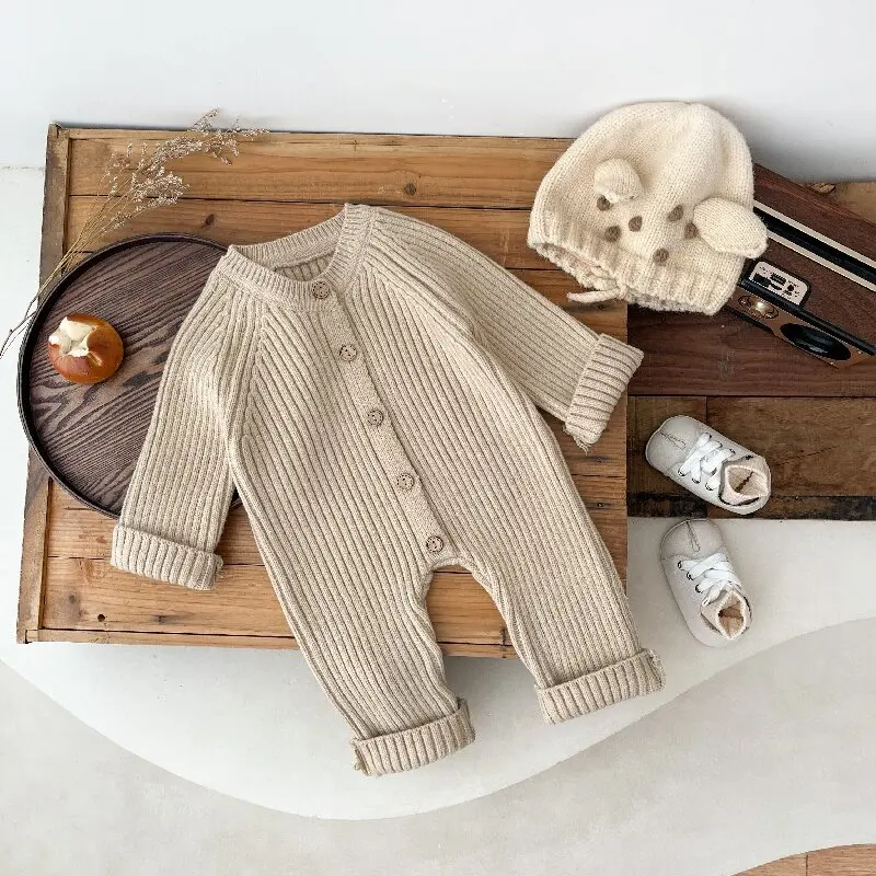 Winter Newborn Baby Boys And Girls Knitted Jumpsuit Thick Climbing Suit Children\'s Solid Color Casual Baby Soft Clothes