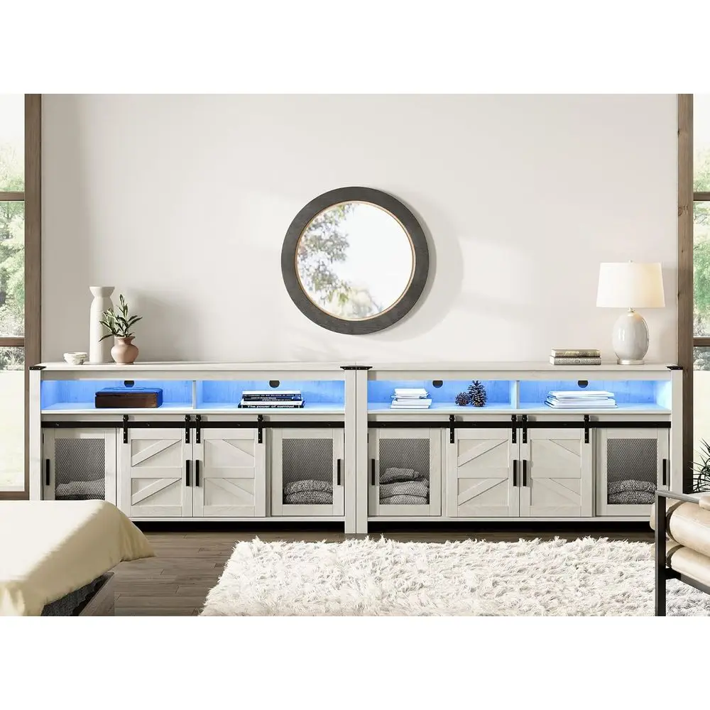 

Тумба под телевизор 100 дюймов: высокий медиацентр с сетчатыми и раздвижными дверцами, регулируемыми полками, синей LED-подсветкой, цвет античный белый