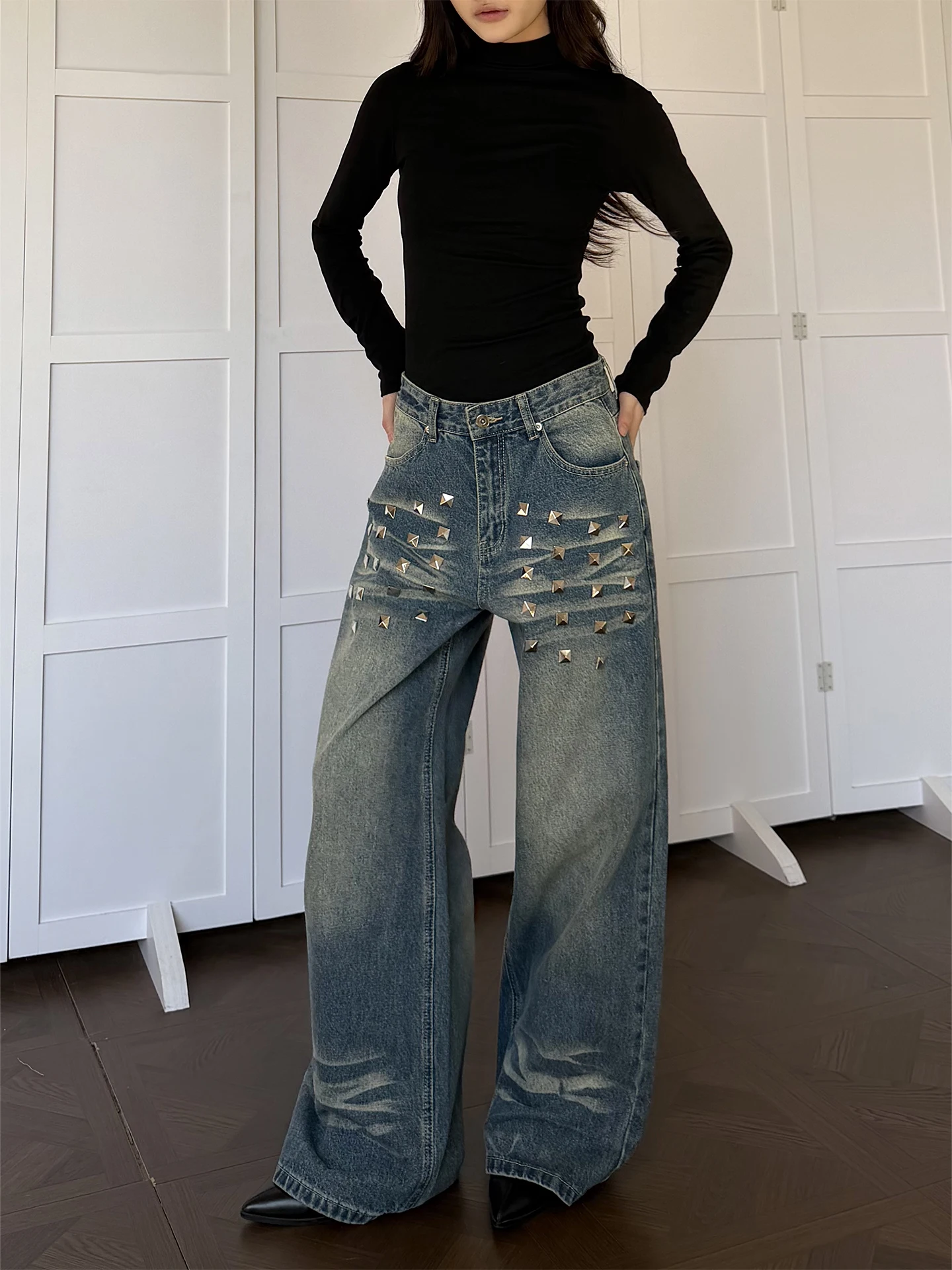 

Винтажные синие джинсы Waed с прямыми штанинами, женские широкие брюки Don Cry с декоративными заклепками, повседневные удобные джинсы свободного кроя