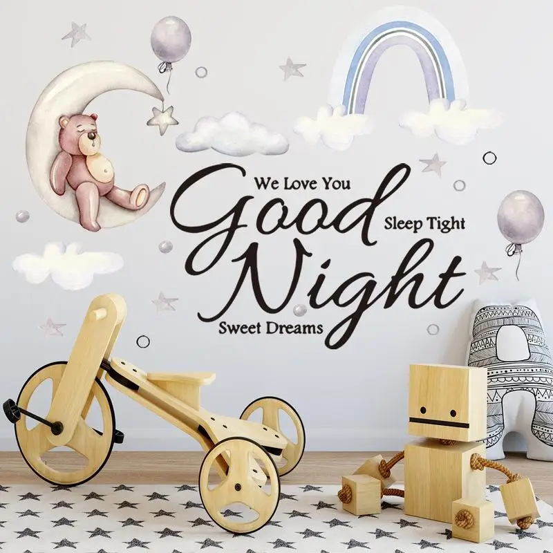 Cartoon Bear Sleeping on The Moon and Stars Wall Stickers for Kids Room Baby Room Decoration Wall Decals Room Interior