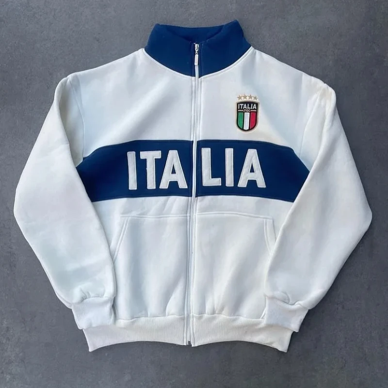 Zip Up Stand Collar Track Jacket Italia Chest Print Embroidered Badge Loose Sportswear For Football Fans Daily Outfit