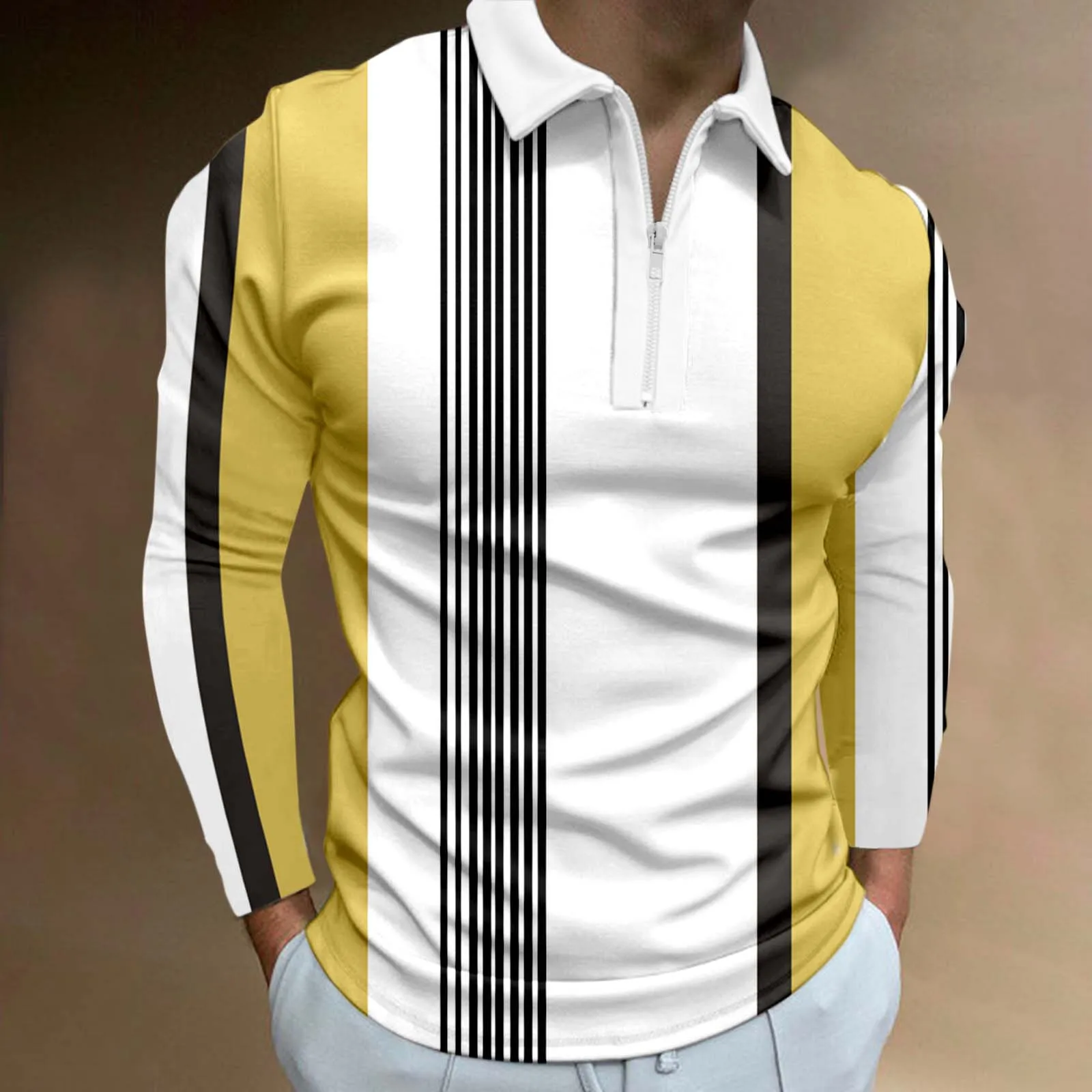 New Fashion Striped Men's Polos T-Shirts Long Sleeve 3D Printed Street Male Zippers POLO Tee 6XL Plus Size Casual Tops