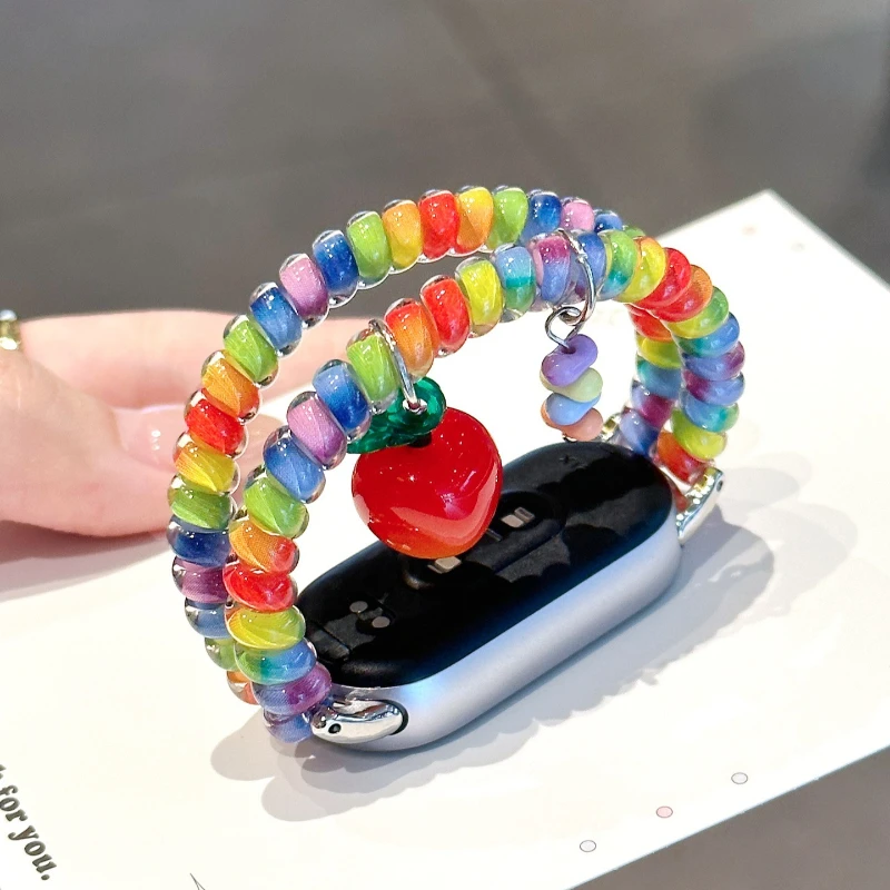 Colorful Rainbow Flat Beads Strap for Xiaomi 10 9 8 Cute Red Apple Double Loop Bracelet Band Women Wristband for Miband 8 9 10