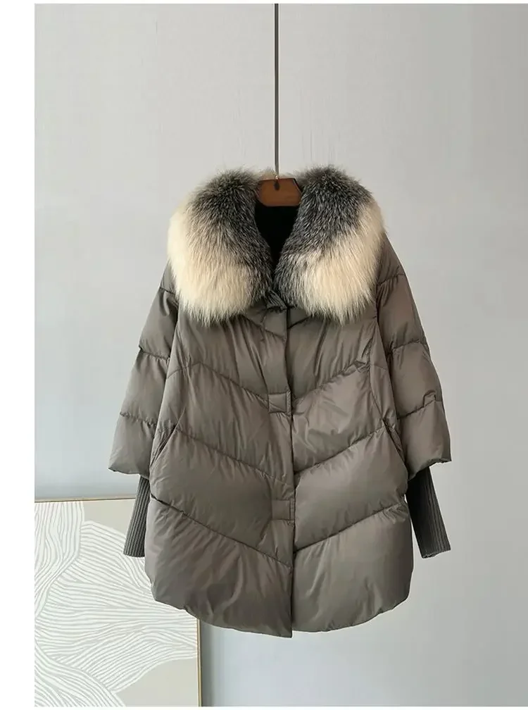 Winte White Down Duck Parka Big Fur Collar Cotton Padded Jacket Women Loose Puffer Coat Lightweight Poacket Female Outerwear