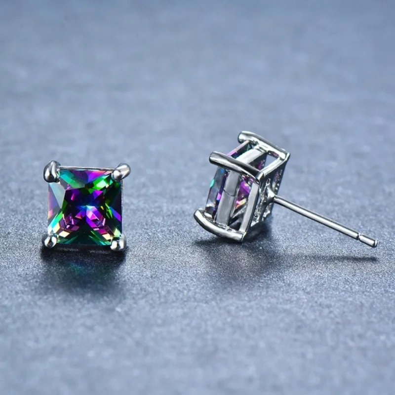 Minimalism 5/6/8MM Rainbow CZ Stone Sqaure Stud Earrings for Women Dainty Silver Color Stackable Ear Bone Studs Girls Jewelry