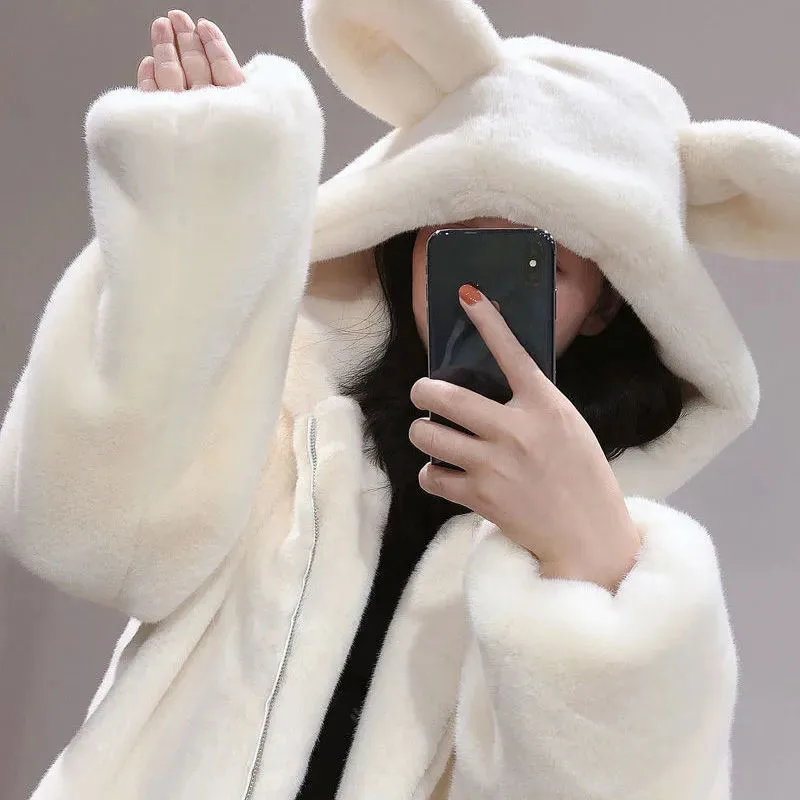 

Faux Mink Fur Coat Women Winter Fashion Padded Thickened Warm Jacket Bear Ears Hooded Long Sleeve Zipper Furry Loose Outwear