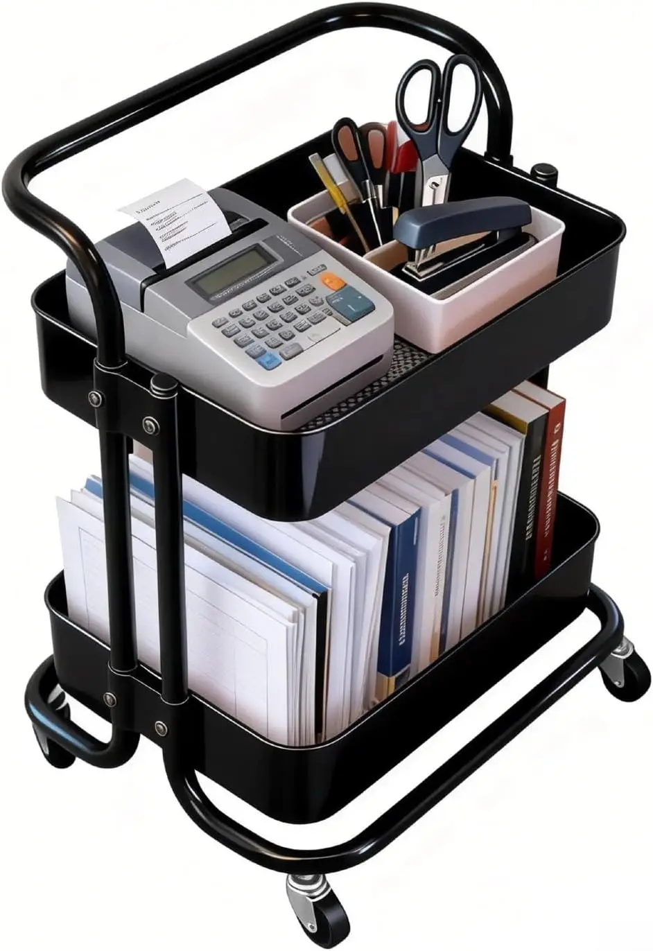 

2-Tier Rolling Utility Cart with Wheels, All-Metal Storage Trolley for Kitchen, Laundry, Bathroom