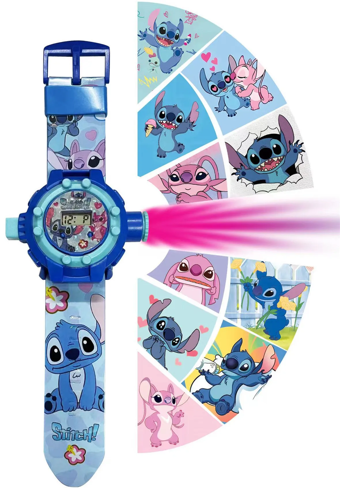 New Disney Stitch Chrildren's Ptojectio Watch With keychain Cartoon Stitch Anime Girls Flash Electronic kid Toy Christmars Gifts