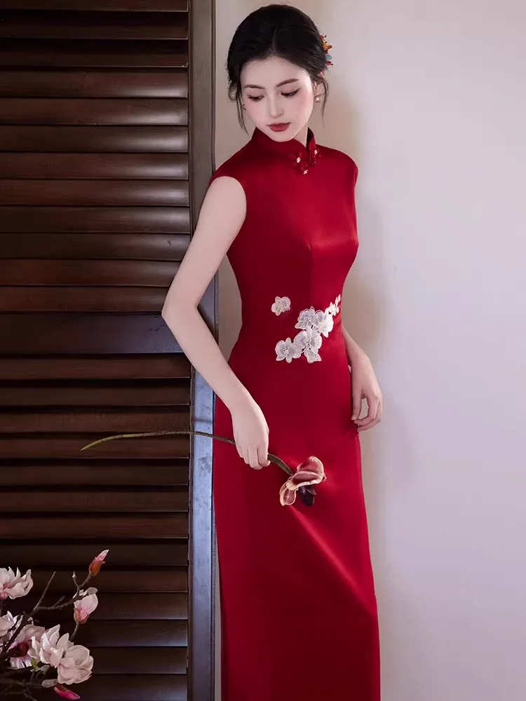 Red Wedding Dress  Qipao Long Evening Gown for Bride Retro Style Sleeveless Polyester Fiber Daily Wear Return Home