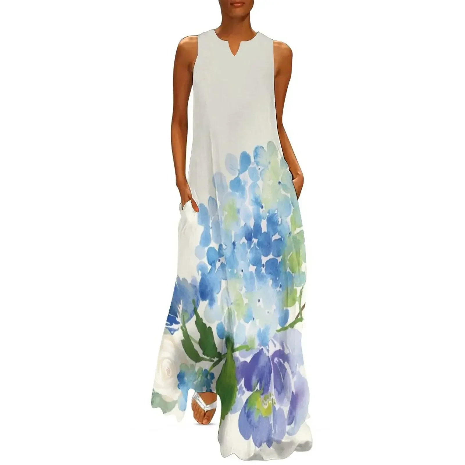 

Blue Watercolor Hydrangea Long Dress women's dresses luxury loose women's dress long dress women summer