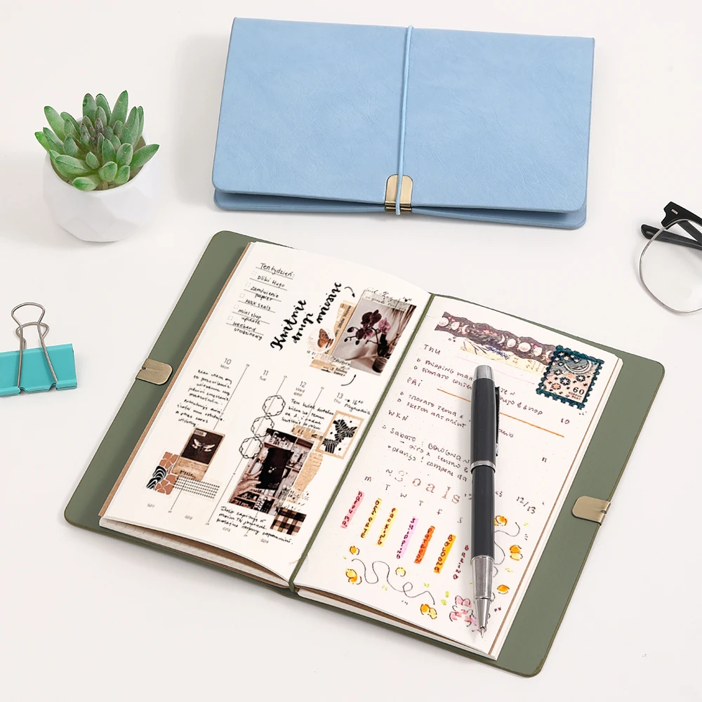 Refillable PU Leather Budget Binder - 200 Pages Loose Leaf Notebook with Elastic Band Multi-Color Travel Journal with 3 Sets Inn
