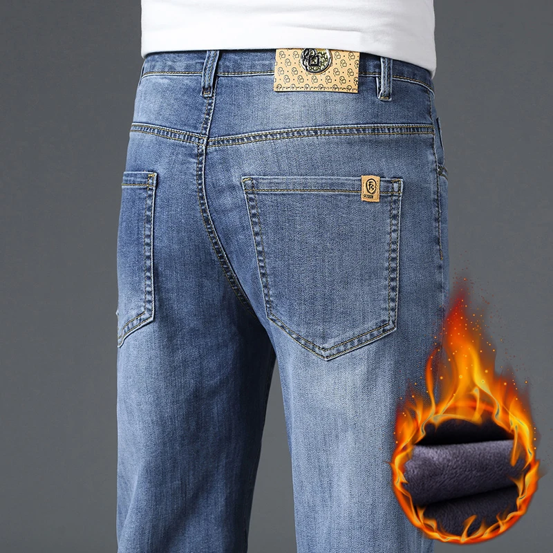 Men Autumn Winter Fleece Lined Jeans Casual Slim Straight Leg Warm Long Pants Daily Fashion Street Style Washed Denim Trousers
