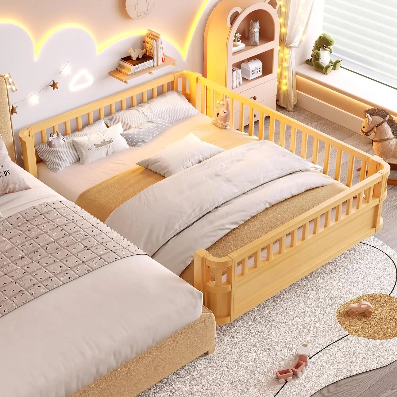 Wood Montessori Queen Bed with Detachable Fences, Kids Daybed Frame, Low Profile & Rounded Corners, Natural
