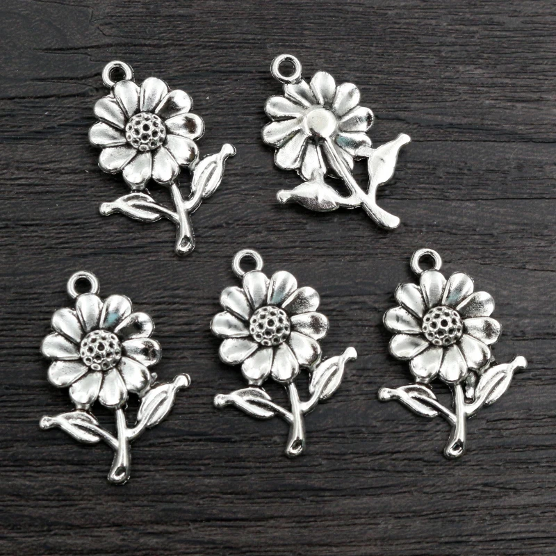 12pcs 27x19mm Bronze Antique Silver Plated Sunflower Handmade Charms Pendant