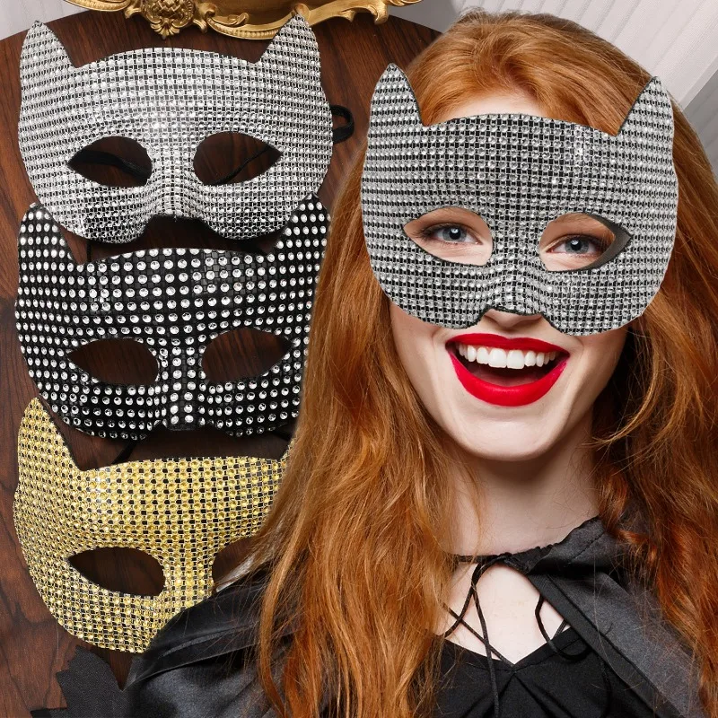 Unisex Cat Diamond Mask Sexy Half Face Eye Mask Halloween Party Cosplay Mask Costume Props Male Female Role-Playing Toy