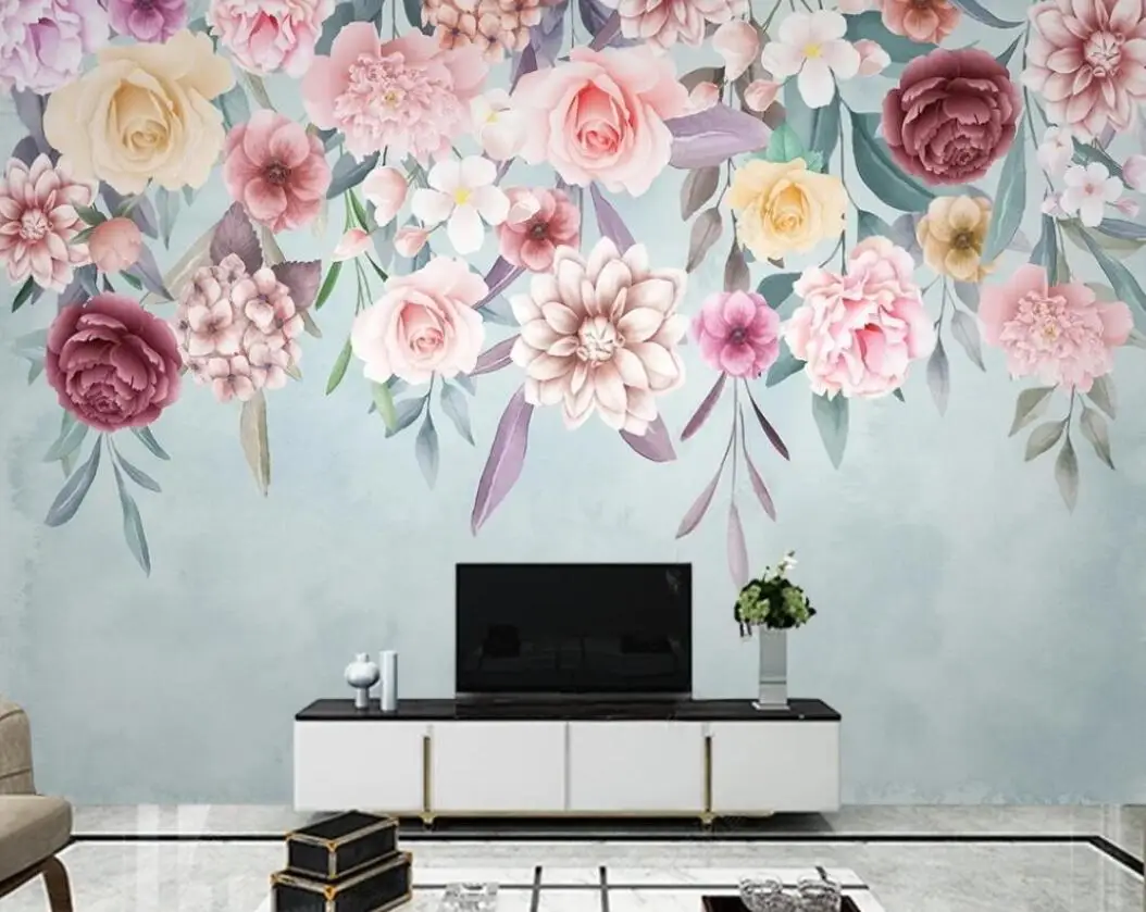 Custom Wallpaper hand-painted flowers blooming watercolor flowers peony rattan American pastoral background Murals 3D Wallpaper