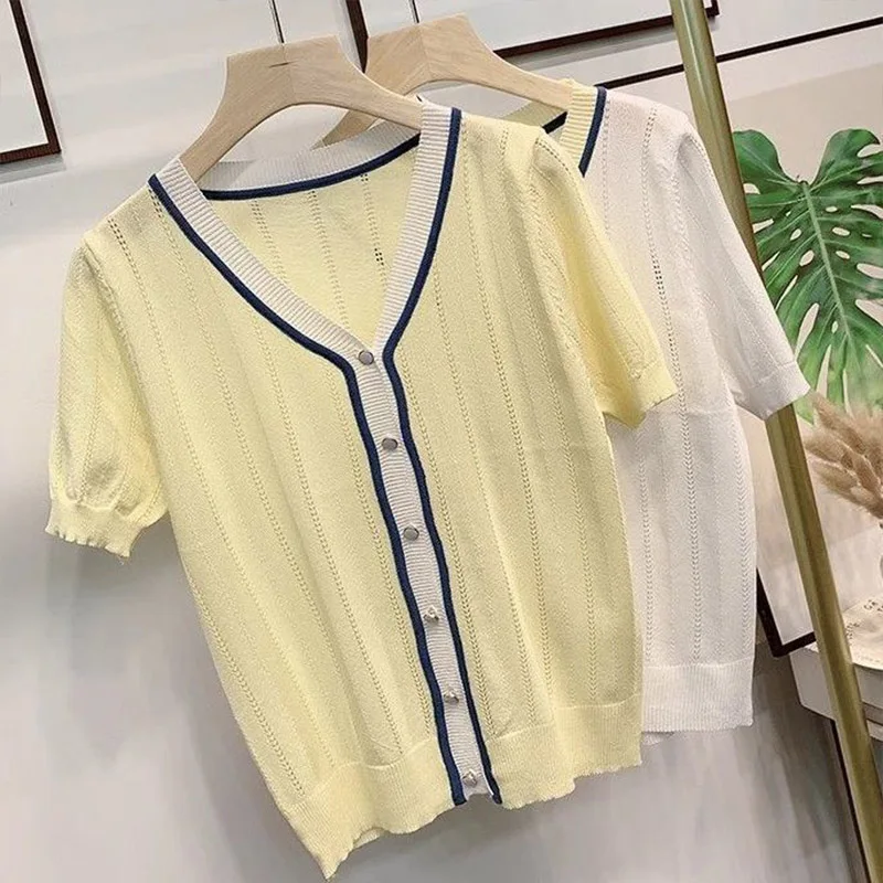 Summer New Hollow Out Short Sleeve Patchwork Knit Cardigan Women Fashion Korean Version V-neck Button Tops Fashion Loose Sweater