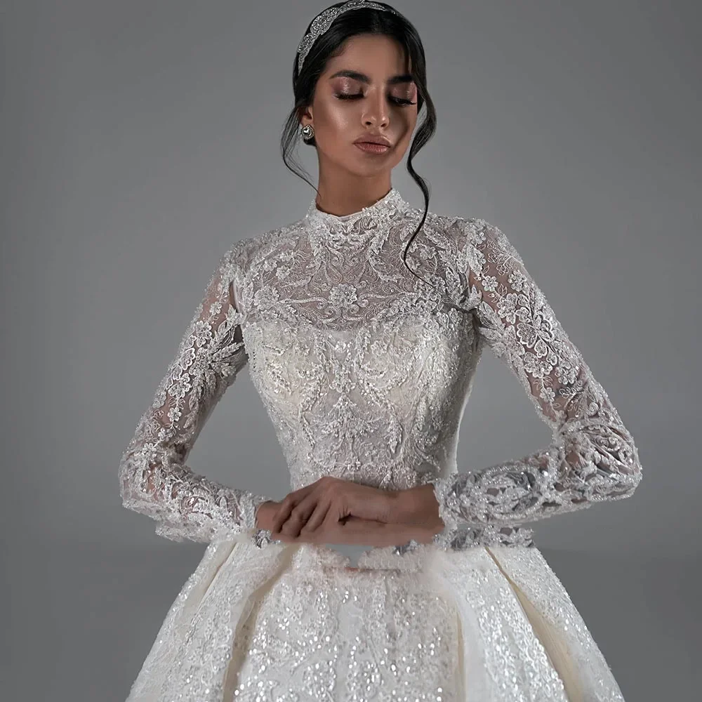 Flavinke Customized O-Neck Pearls Back Long Sleeve Appliques Sequins Lace Princess Ball Gown Wedding Dresses Vestido De Novia