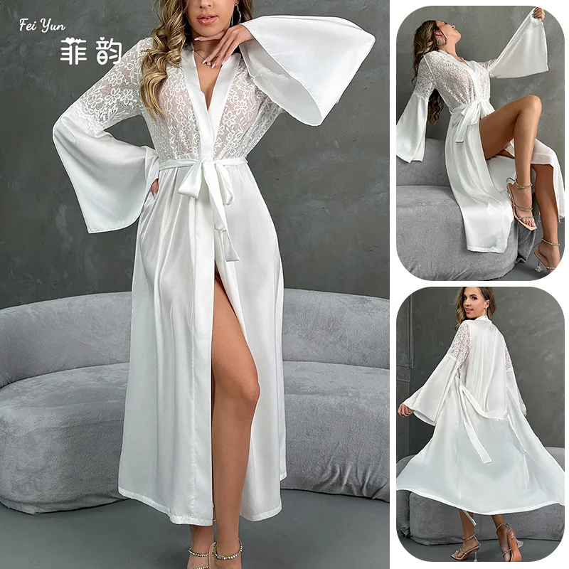 

European and American cross-border new satin pajamas for women lacelight luxurylong-sleevedcoolnightgownbathrobehomewearforwomen
