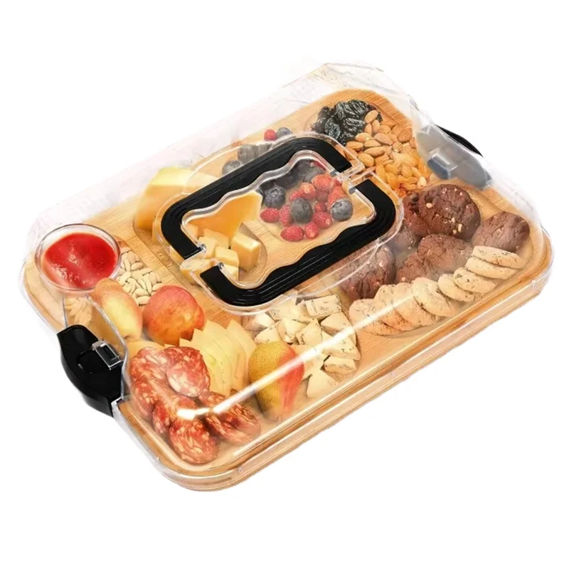 

ABZV-Wooden Cheese Board With Grid Snack Tray Picnic Box Fruit Bento Box For Outdoor Travel Camping Vacations