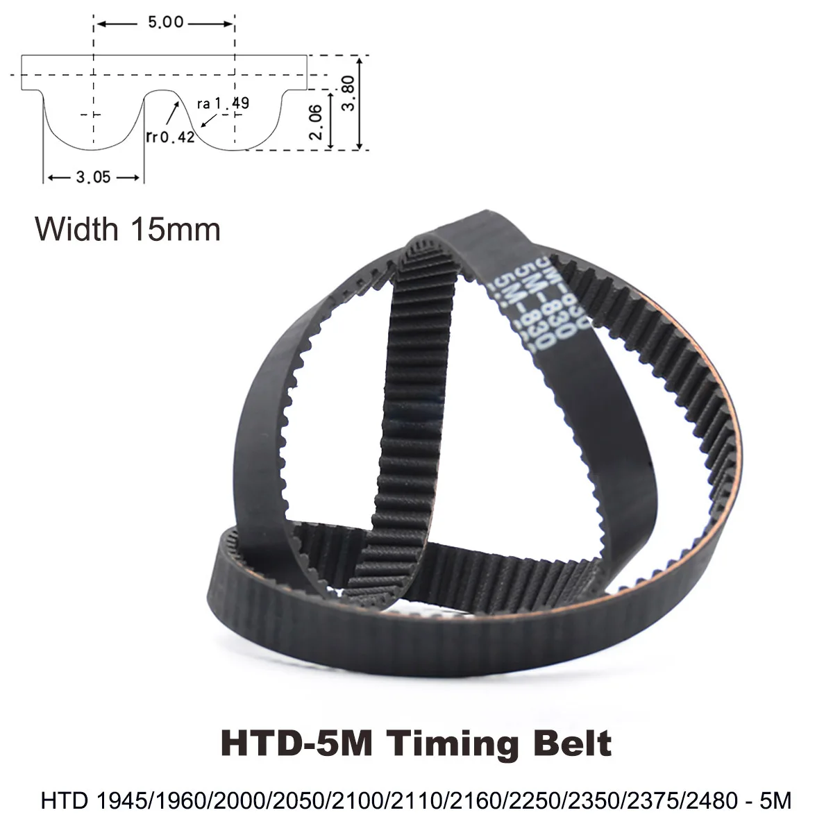 

HTD5M Timing Belt Width 15mm Rubber HTD-5M Synchronous Belts Length 1945/1960/2000/2050/2100/2110/2160/2250/2350/2375/2480 mm