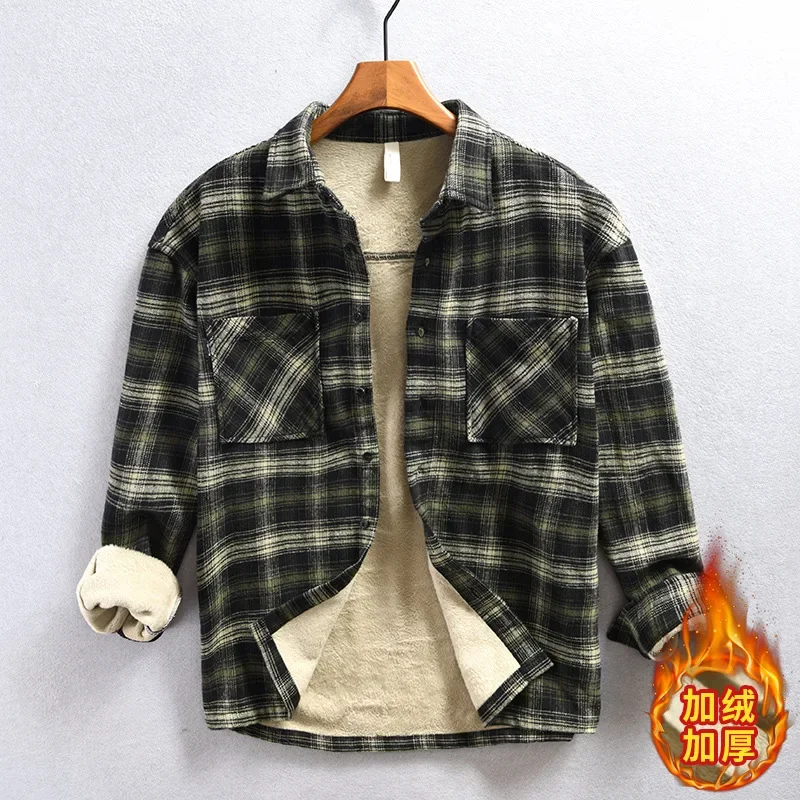 Winter Mens Shirt Japanese Vintage Long Sleeve Plaid Shirt Lapel Fleece Shirt with Pocket Keep Warm Top Daily Casual Shirts Man