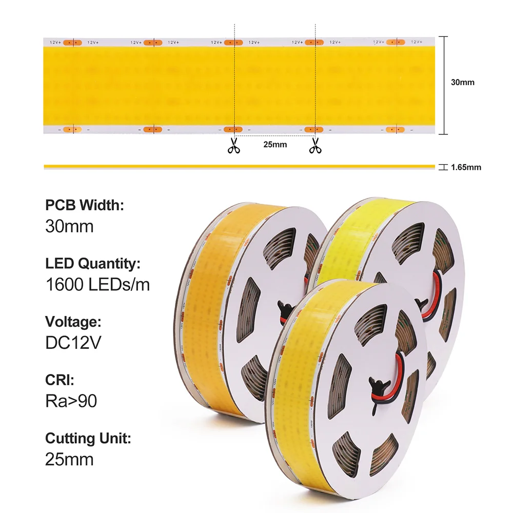 Super Bright 1600LEDs/m COB LED Strip 12V Light Tape Flex 5 Rows Wide 30mm PCB High Density Linear Lighting Warm Natural White