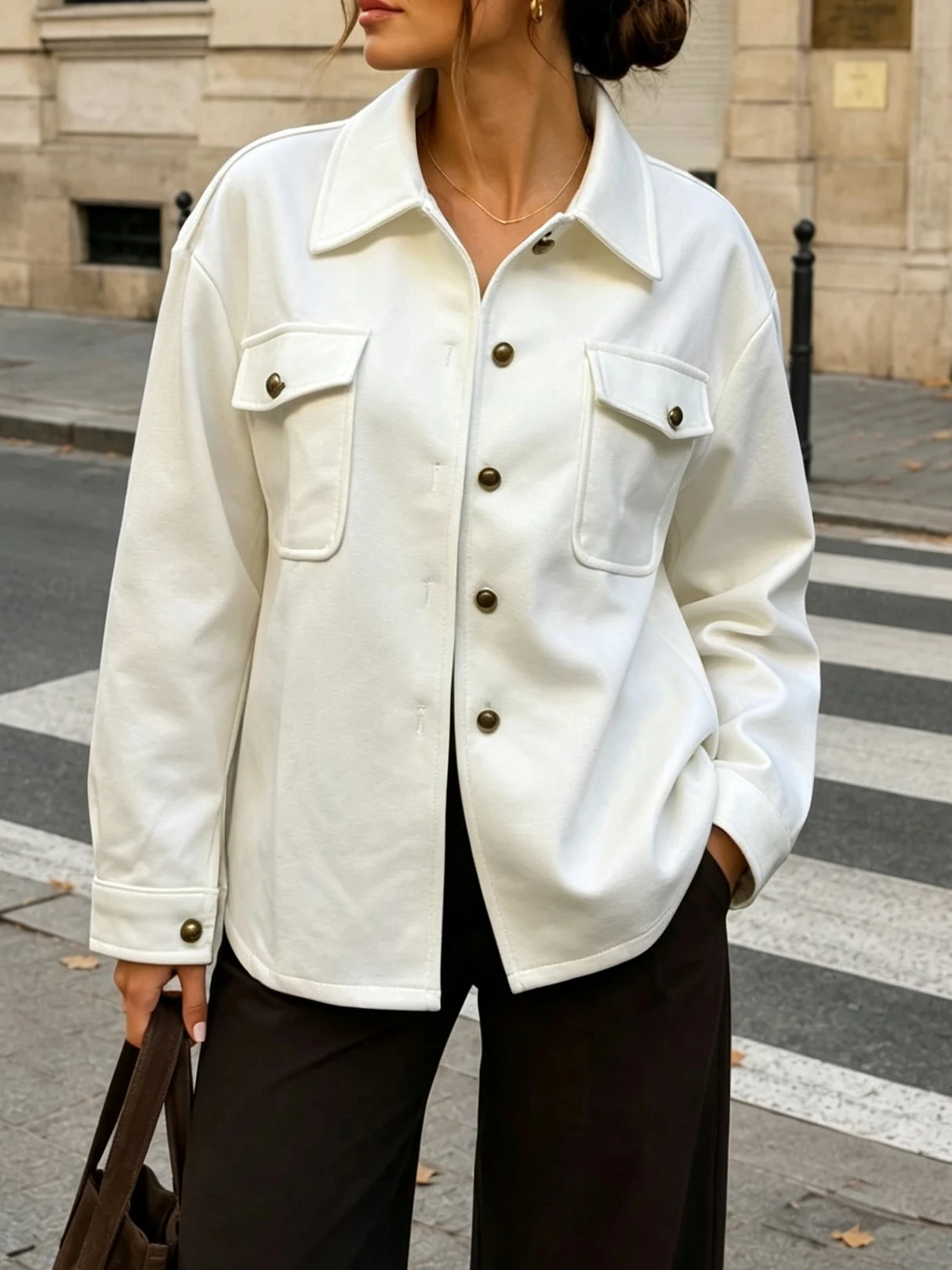 Fall Women Faux Suede Button‑Down Shirt Jacket Double Pockets Loose Casual Long Sleeve Outer Coat