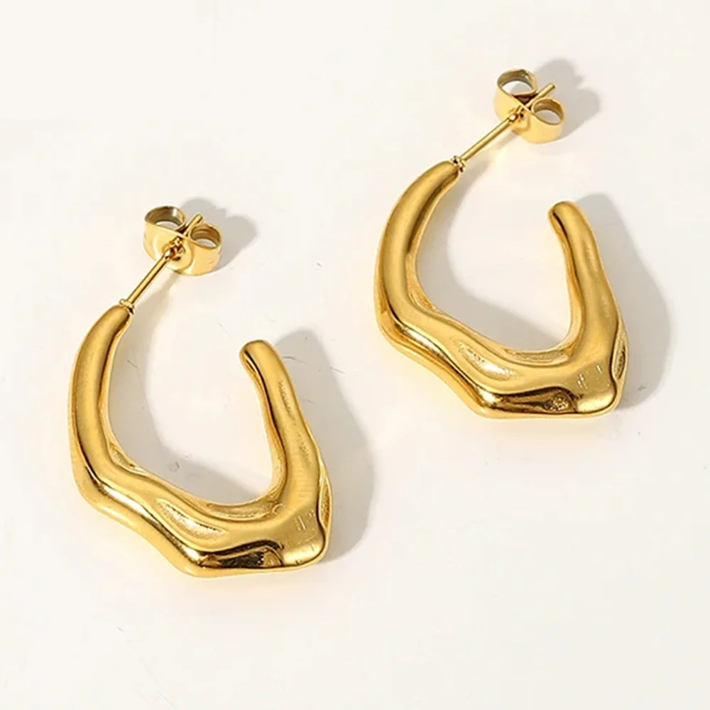 Brincos Geométricos com Padrão Martelado Minimalista, Banhados a Ouro 18K, Aço Inoxidável, À Prova D'água, Joia Elegante, Presente para Mulheres