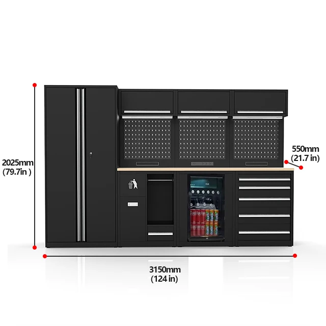 JZD Heavy Duty Modular Metal Garage Cabinet System Storage Workshop Workbench Tool Cabinet Combo with Fridge Steel Garage