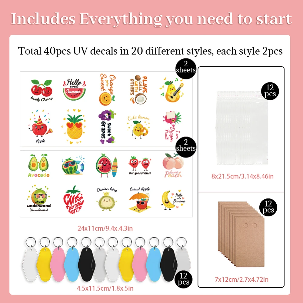 76 Pcs DIY Keychain Making Accessories Cute Fruit Pattern Waterproof Stickers OPP Bags Plastic Rhombus Keychain Paper Display