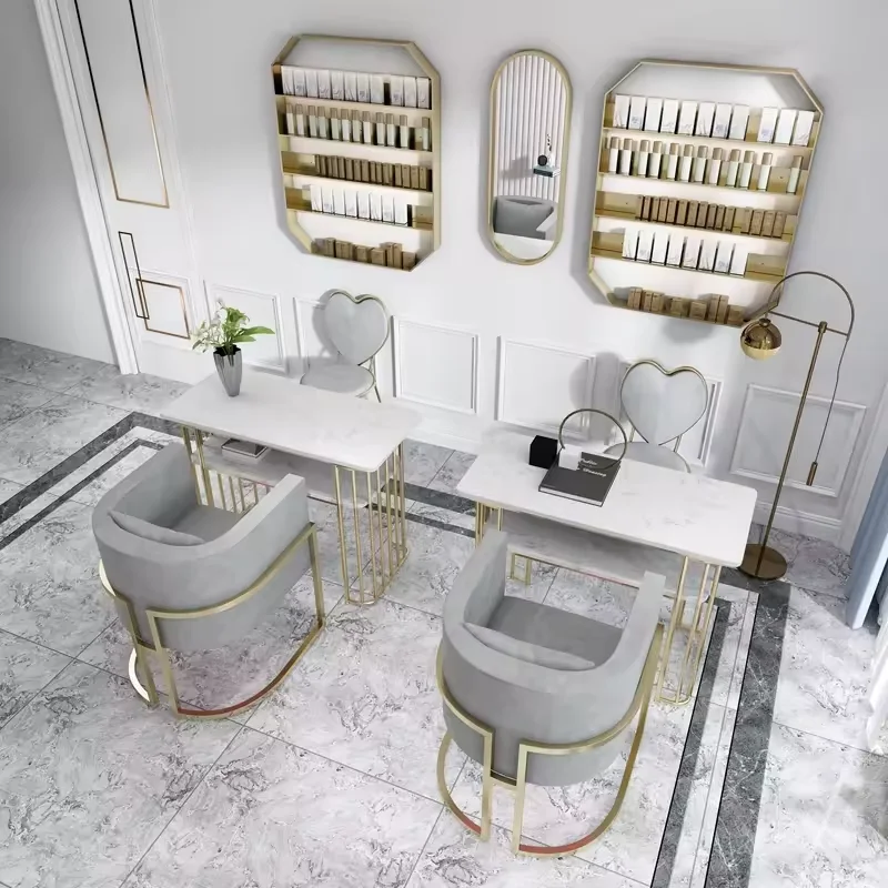 Modern metal stainless steel gold marble manicure table with chairs can be customized color for nail shop